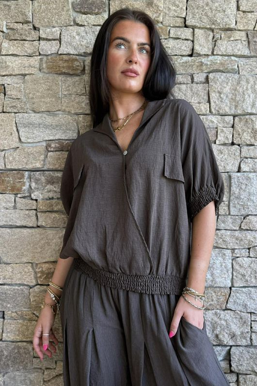 Basso Button Drape Cap Sleeve Shirt Chocolate